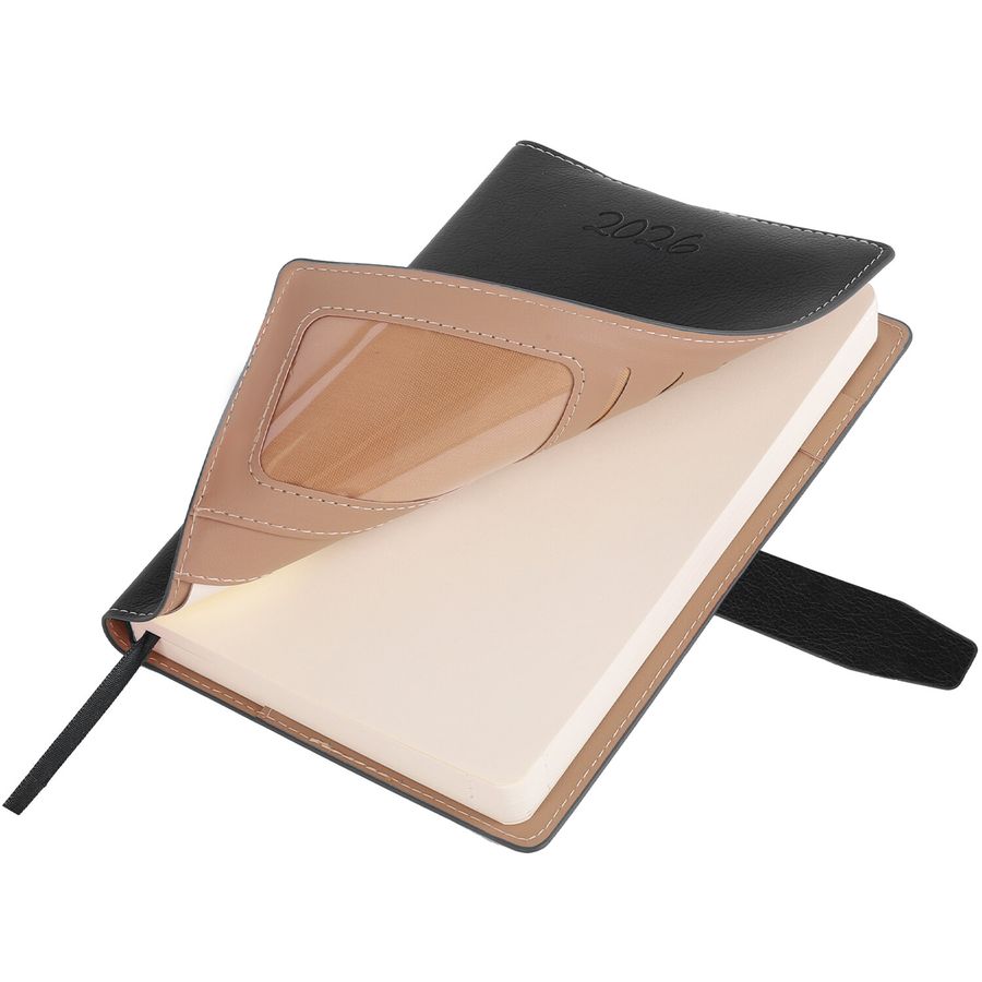 Ежедневник датированный 2026, А5, 143х218 мм, BRAUBERG "Journal", под кожу, застежка, держатель для ручки, органайзер, черный