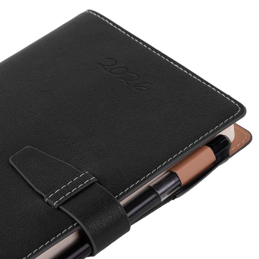 Ежедневник датированный 2026, А5, 143х218 мм, BRAUBERG "Journal", под кожу, застежка, держатель для ручки, органайзер, черный