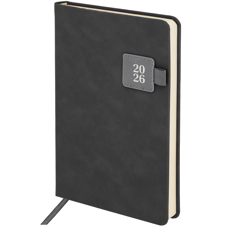 Ежедневник датированный 2026 А5 138х213 мм, BRAUBERG "Accent", под кожу, держатель, серый