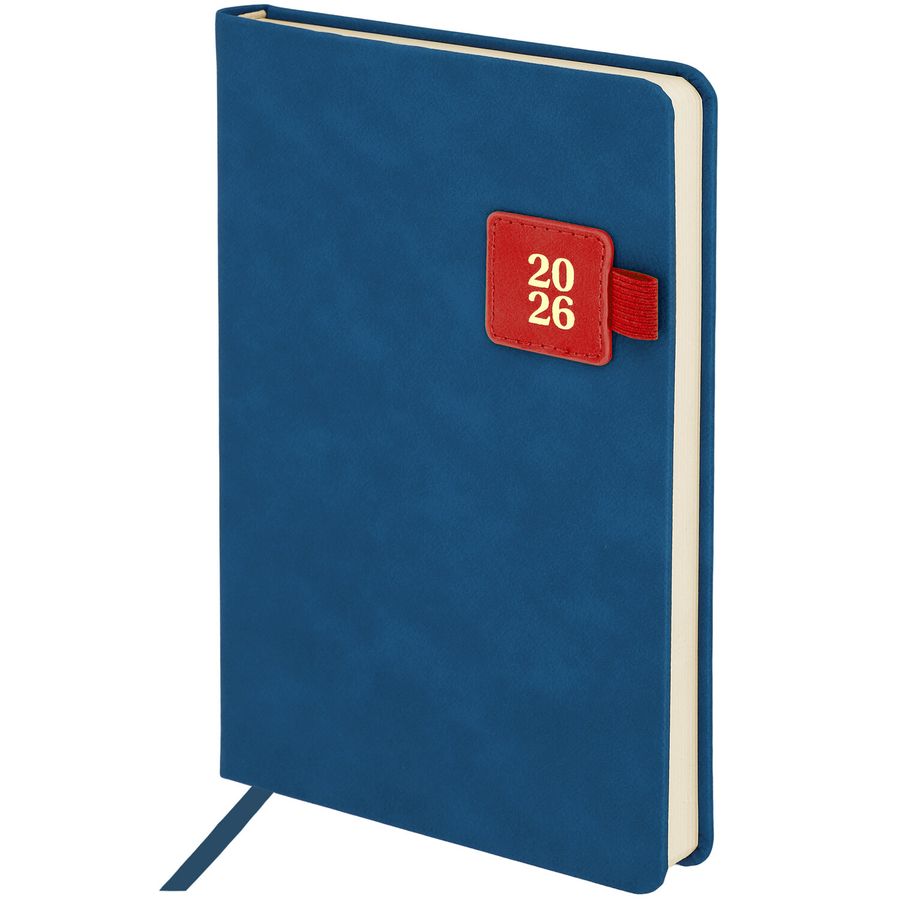 Ежедневник датированный 2026 А5 138х213 мм, BRAUBERG "Accent", под кожу, держатель, синий/красный