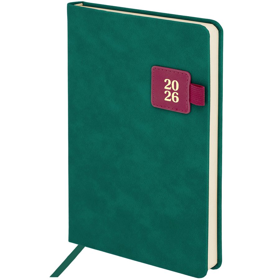 Ежедневник датированный 2026 А5 138х213 мм, BRAUBERG "Accent", под кожу, держатель, зеленый/бордо
