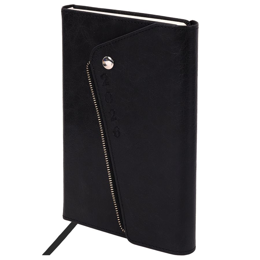 Ежедневник датированный 2026, А5, 145х213 мм, BRAUBERG "Jacket", под кожу, клапан, держатель, черный