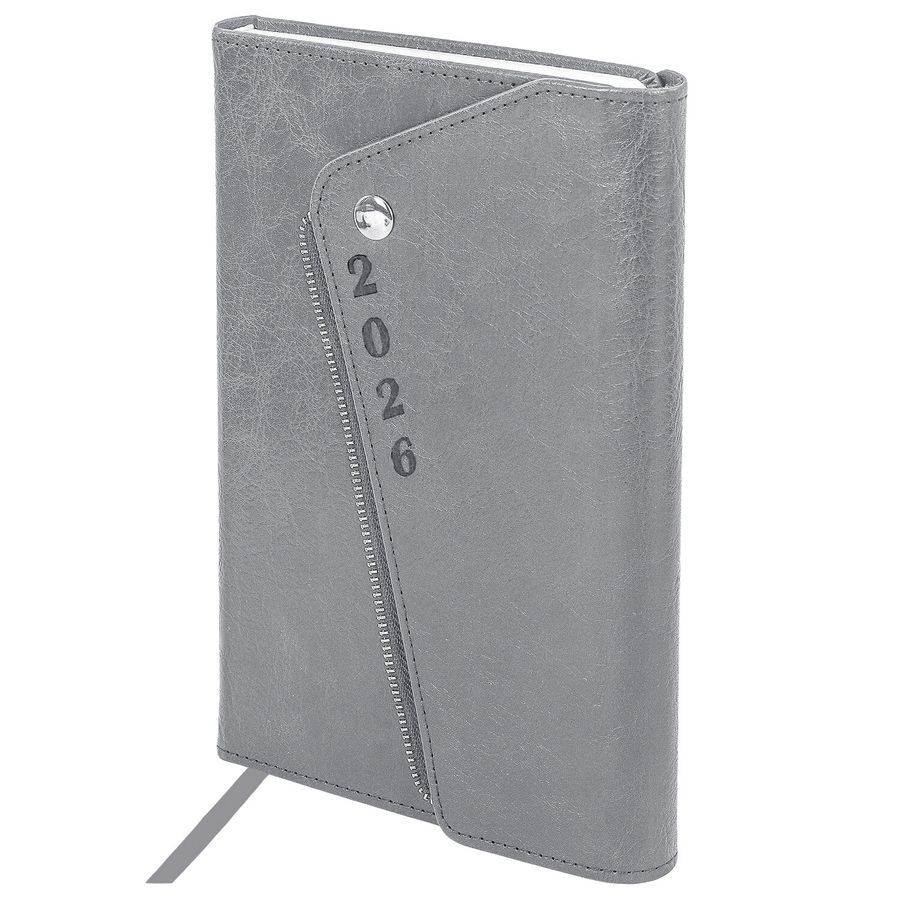 Ежедневник датированный 2026, А5, 145х213 мм, BRAUBERG "Jacket", под кожу, клапан, держатель, серый