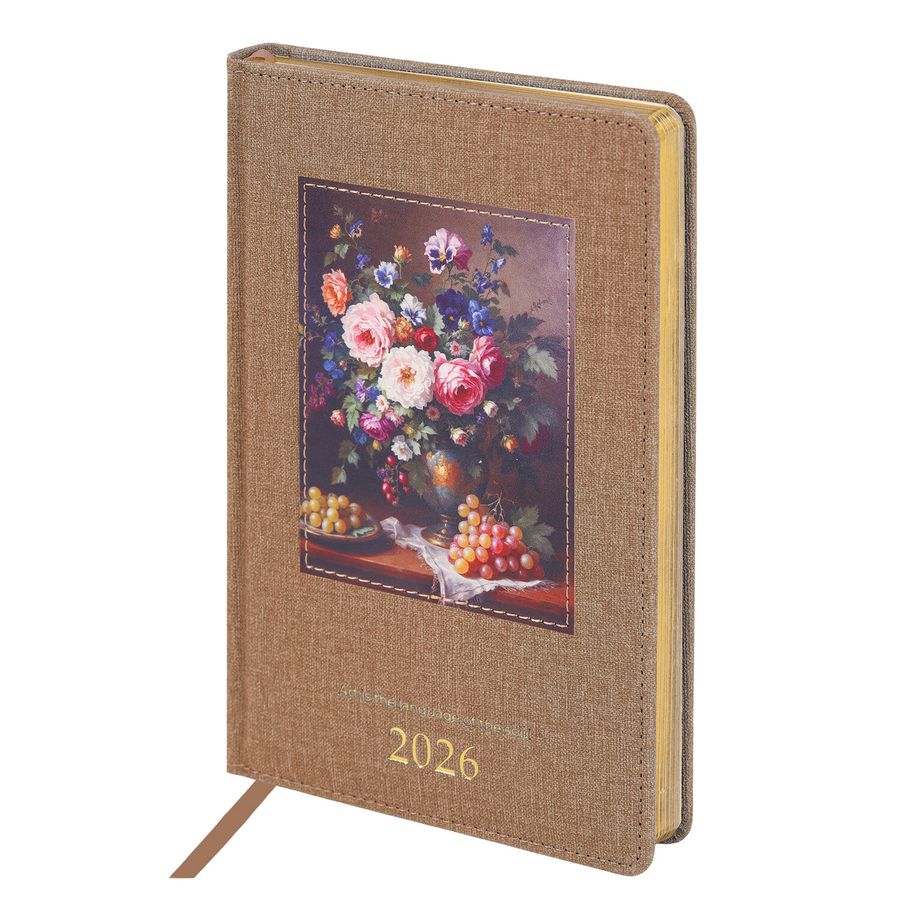 Ежедневник датированный 2026 А5 138х213 мм, BRAUBERG "ArtGallery", под кожу, нашивка, бежевый