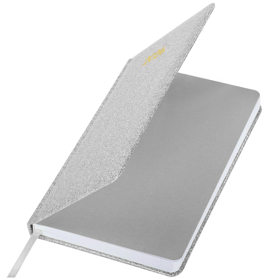 Ежедневник датированный 2026, А5, 138x213 мм, BRAUBERG "Sparkle", под кожу, блестки, серебристый