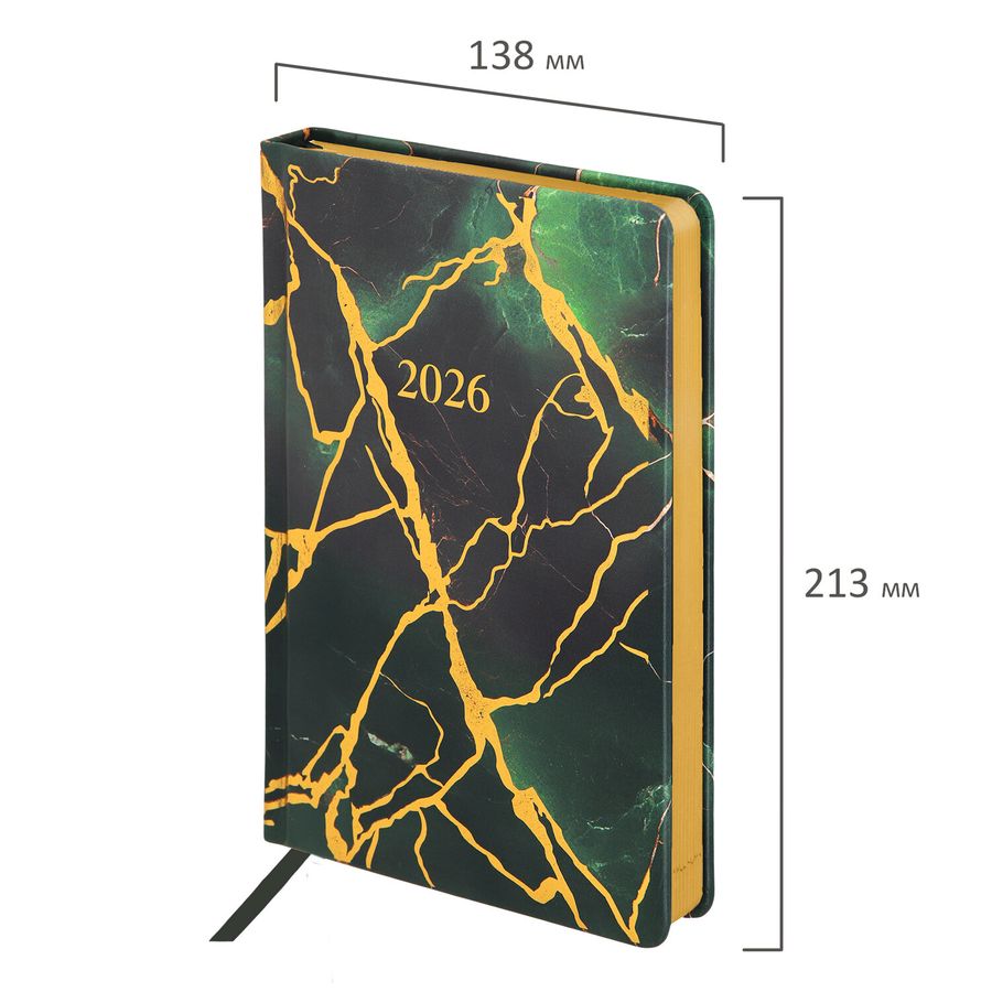 Ежедневник датированный 2026 А5 138x213 мм, BRAUBERG "Vista", под кожу, твердый, "Green marble"