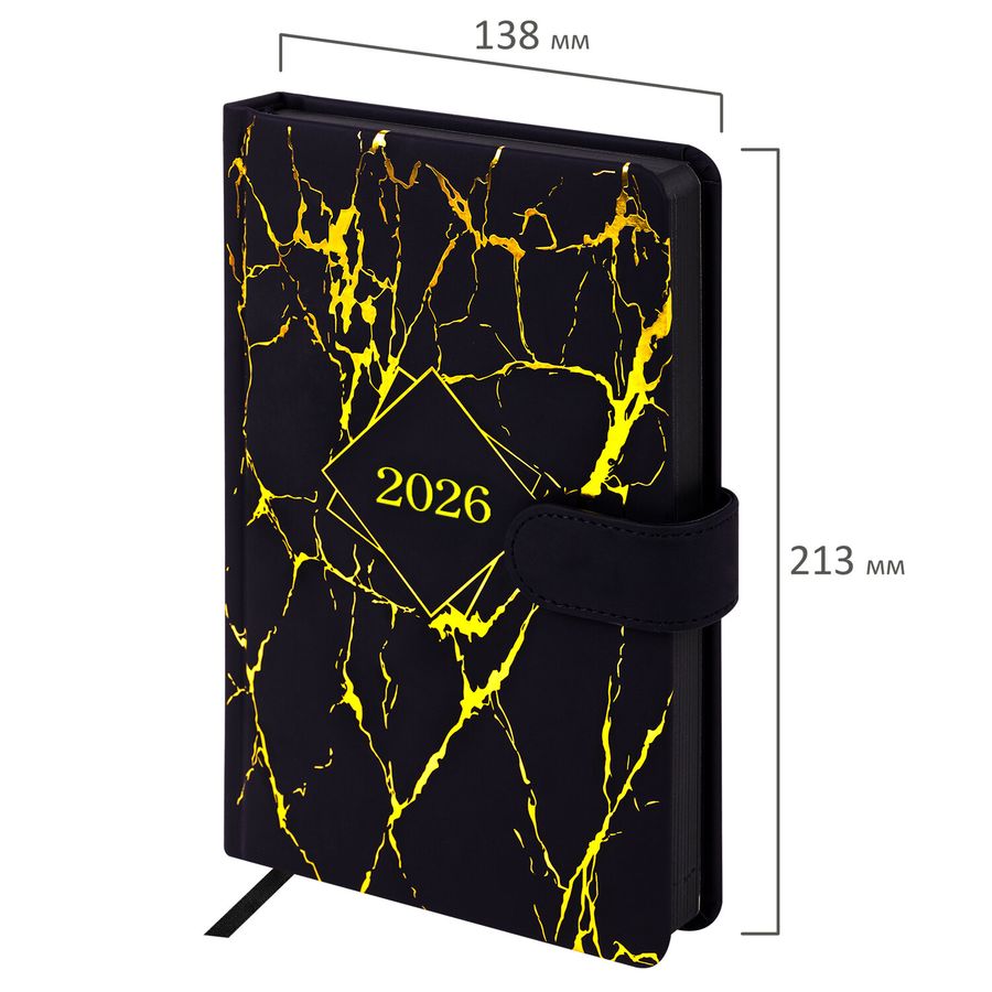 Ежедневник датированный 2026 А5 138x213 мм, BRAUBERG "Goldy", под кожу, цветной срез, черный