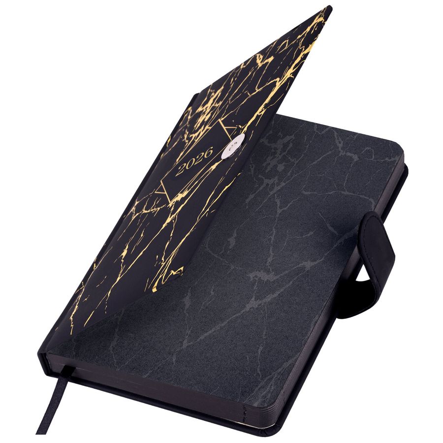 Ежедневник датированный 2026 А5 138x213 мм, BRAUBERG "Goldy", под кожу, цветной срез, черный