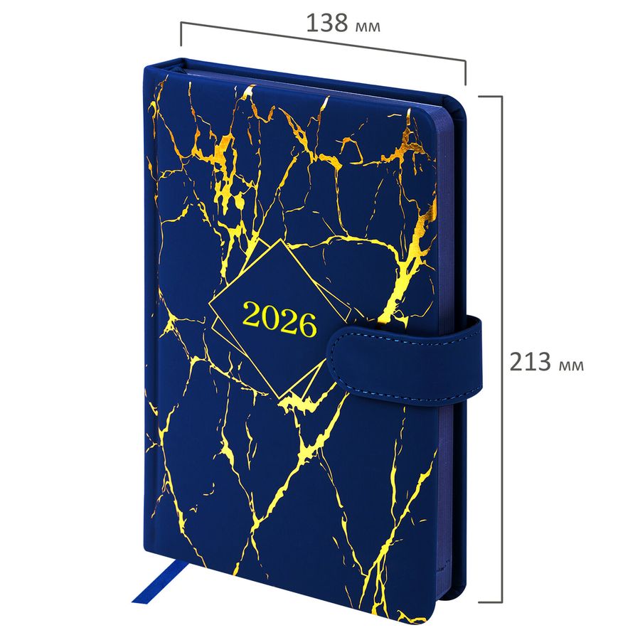 Ежедневник датированный 2026 А5 138x213 мм, BRAUBERG "Goldy", под кожу, цветной срез, синий