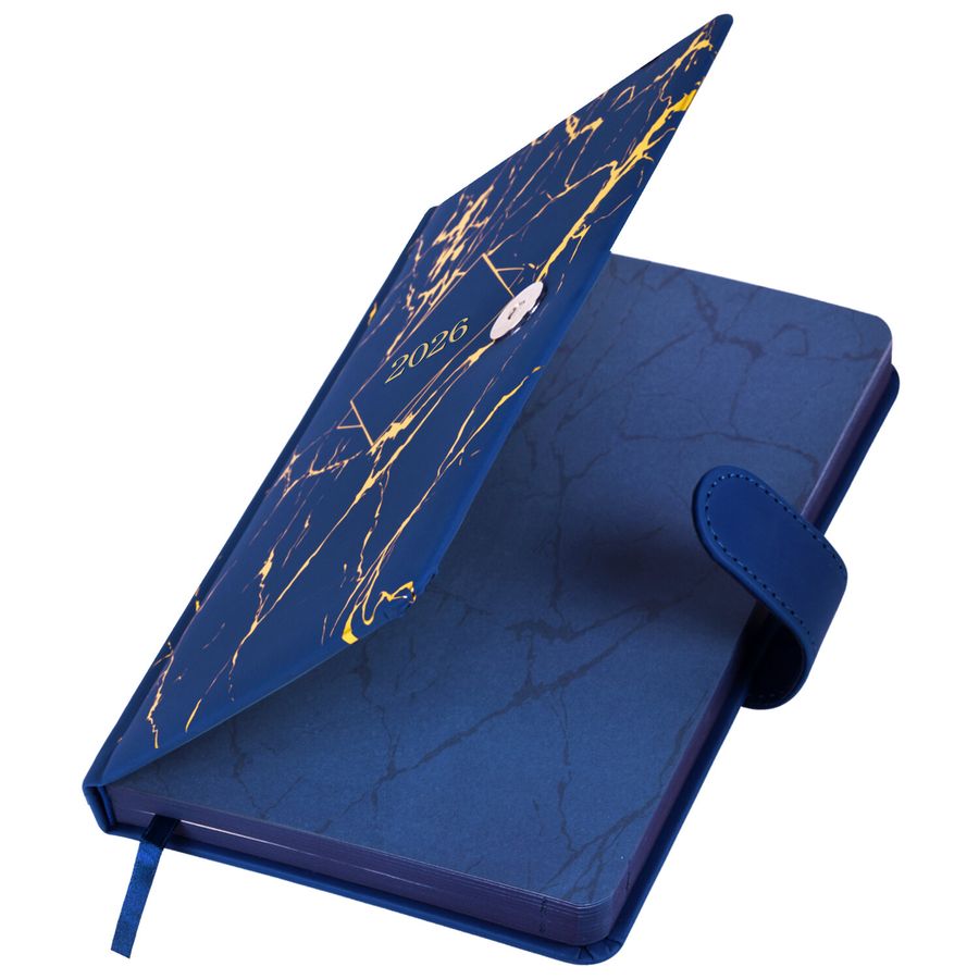 Ежедневник датированный 2026 А5 138x213 мм, BRAUBERG "Goldy", под кожу, цветной срез, синий