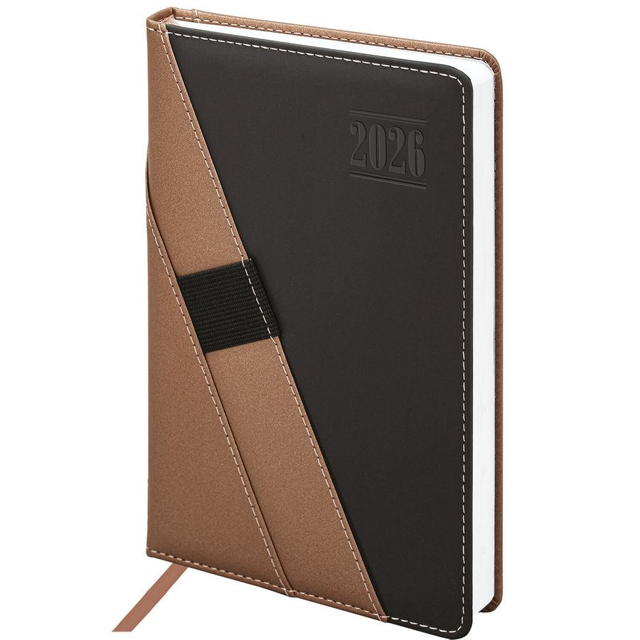 Ежедневник датированный 2026, А5, 138х213 мм, BRAUBERG "Swirl", под кожу, держатель для ручки, коричневый