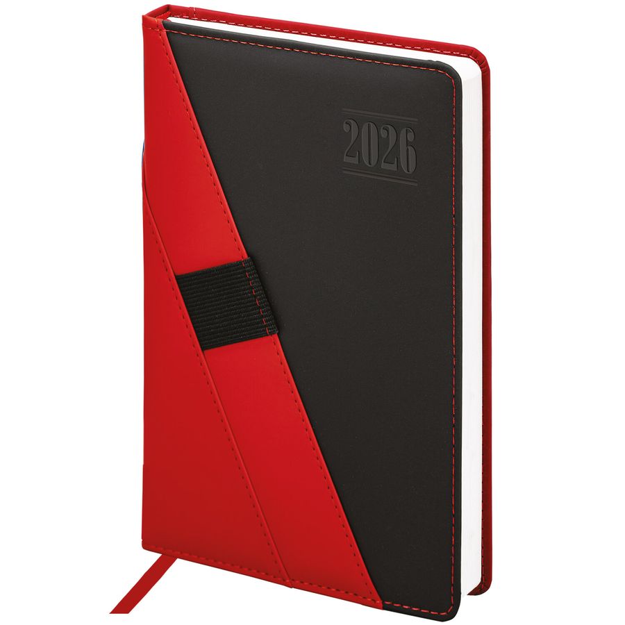 Ежедневник датированный 2026, А5, 138х213 мм, BRAUBERG "Swirl", под кожу, держатель для ручки, красный