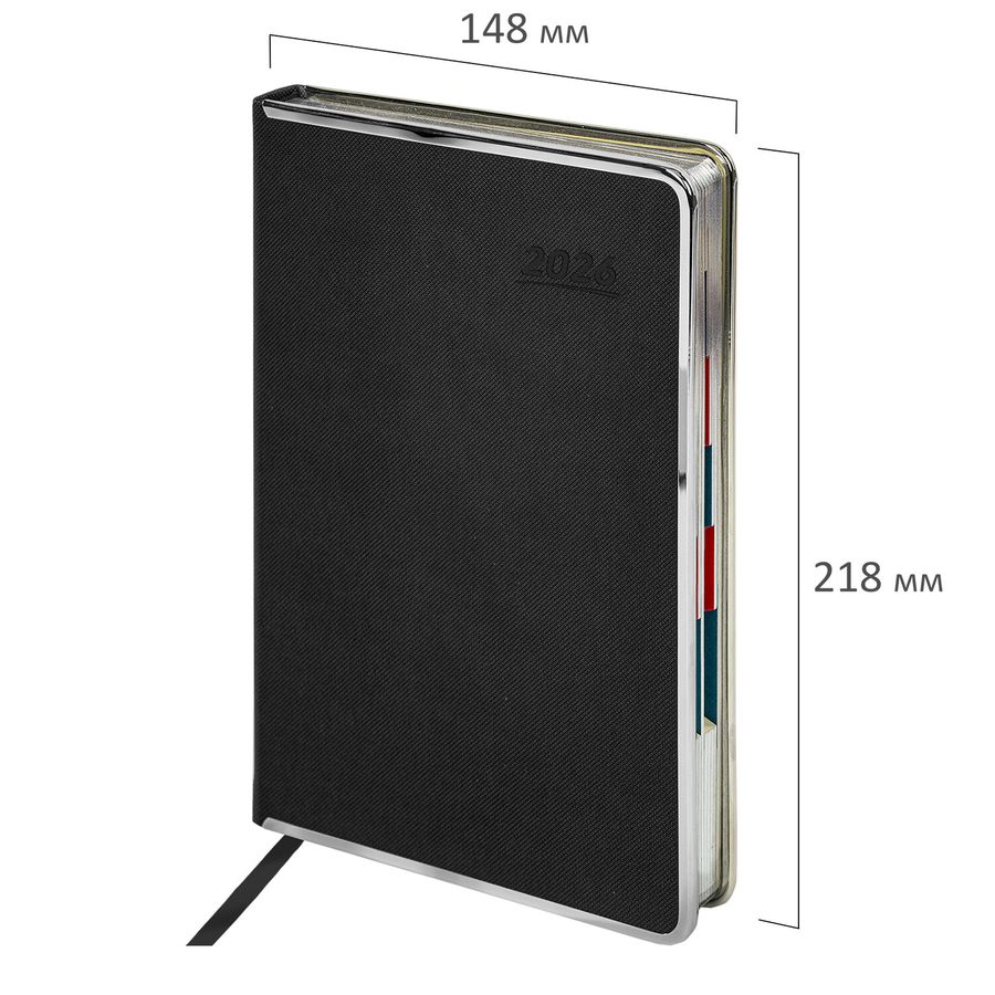 Ежедневник датированный 2026 А5 148х218 мм, GALANT "Infinity Silver", под кожу, черный