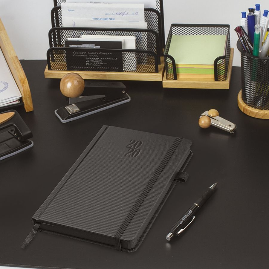 Ежедневник датированный 2026, А5, 138х213 мм, BRAUBERG "Plain", под кожу, резинка, держатель для ручки, черный