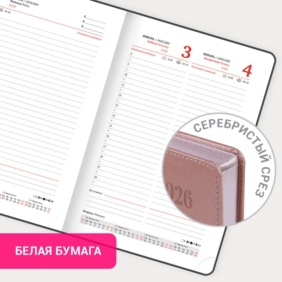 Ежедневник датированный 2026, А5, 138х213 мм, BRAUBERG "Impression", под кожу, розовый