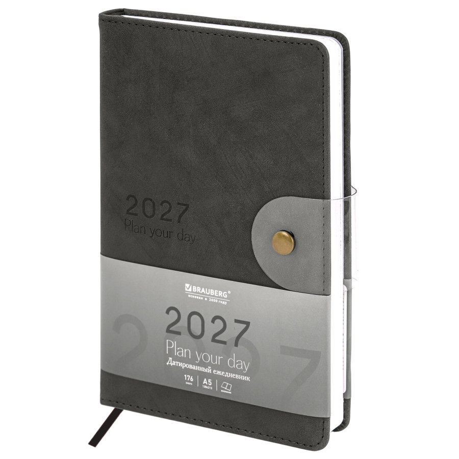 Ежедневник датированный 2027, А5, 138х213 мм, BRAUBERG "Solana", под кожу, кнопка, черный
