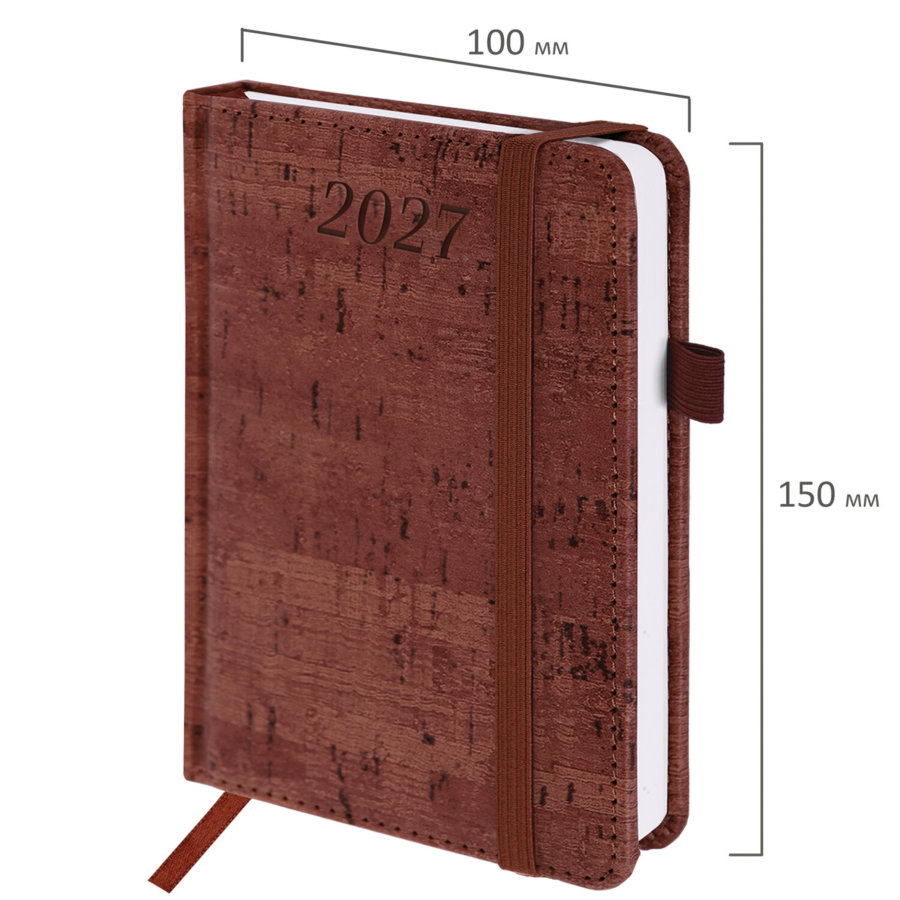 Ежедневник датированный 2027, МАЛЫЙ ФОРМАТ, 100х150 мм, А6, BRAUBERG "Wood", под кожу, коричневый