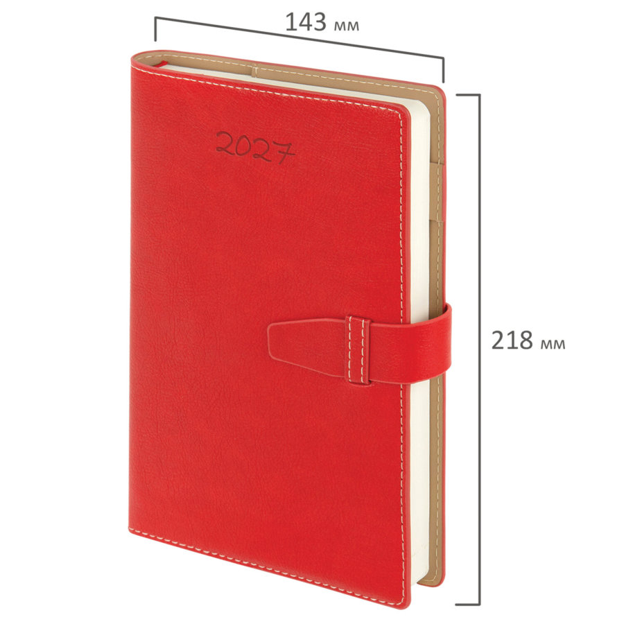 Ежедневник датированный 2027, А5, 143х218 мм, BRAUBERG "Journal", под кожу, ремешок, красный