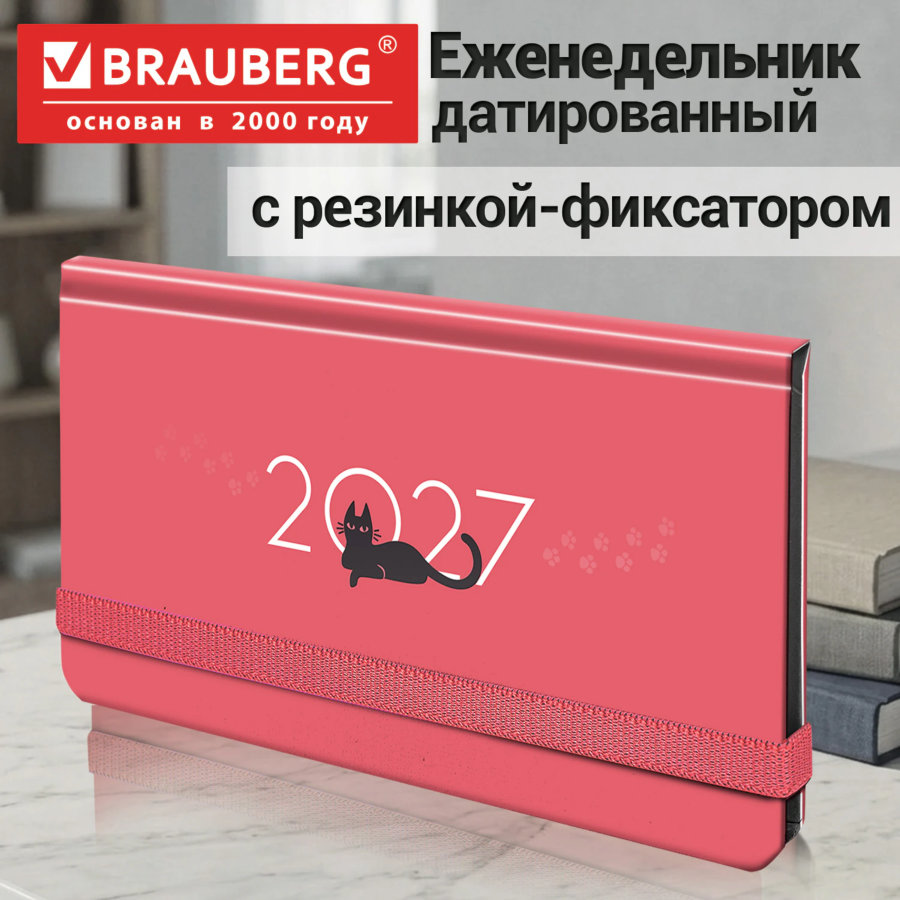 Еженедельник датированный 2027 с резинкой, 171х93 мм, BRAUBERG, твердый, УФ-ЛАК, 64 листа, "Кот"