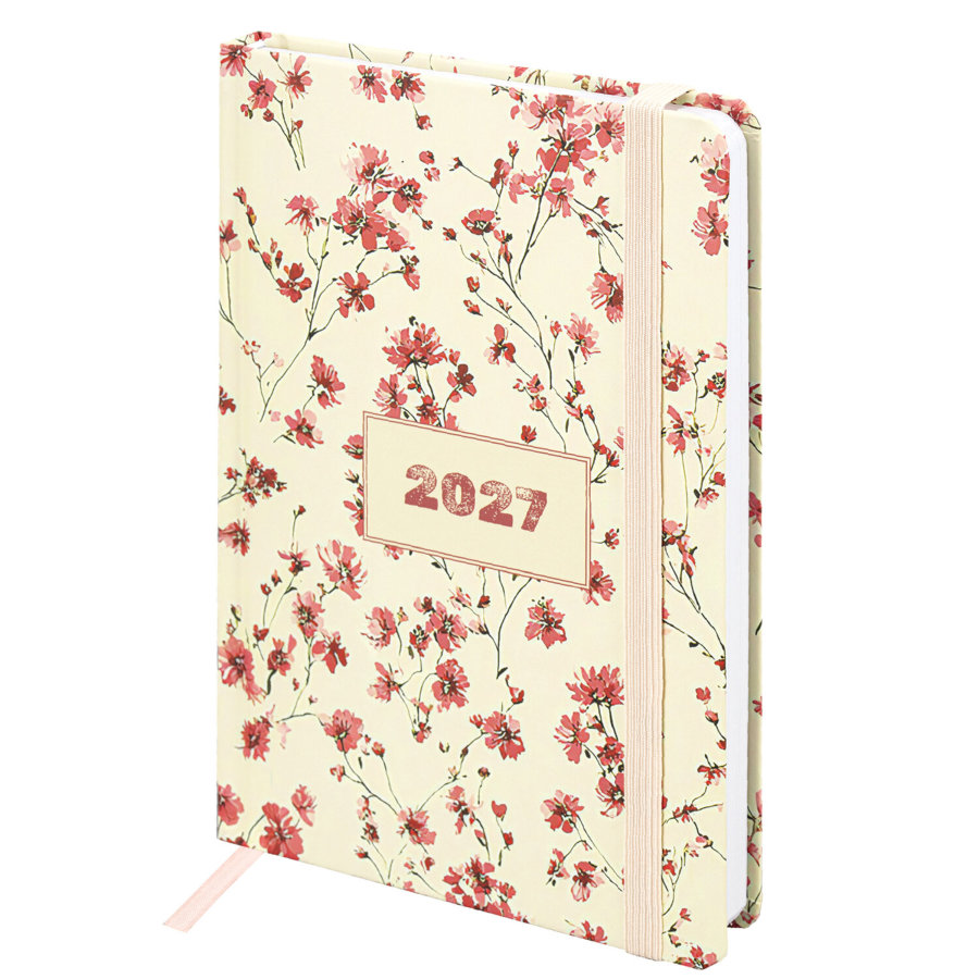Ежедневник датированный 2027 с резинкой, 145х203 мм, А5, BRAUBERG, твердый, "Flower pattern"