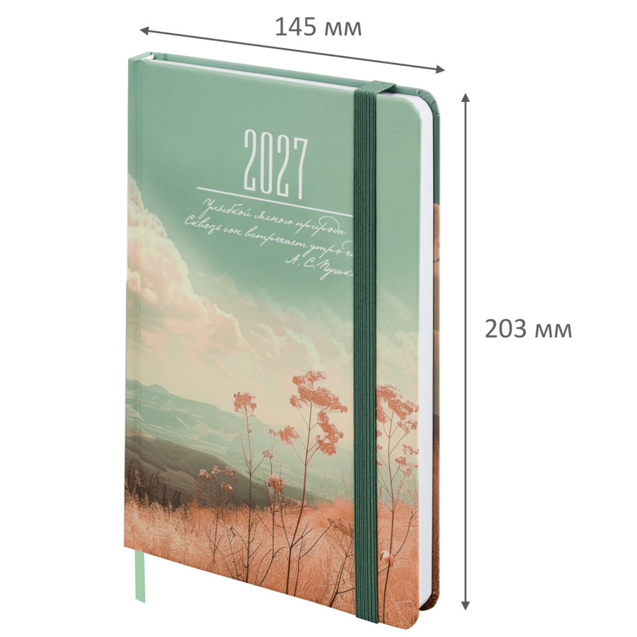 Ежедневник датированный 2027 с резинкой, 145х203 мм, А5, BRAUBERG, твердый, "Landscape"