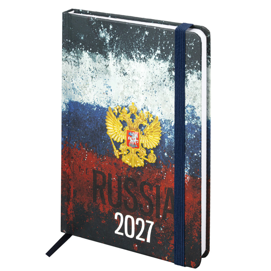 Ежедневник датированный 2027 с резинкой, 145х203 мм, А5, BRAUBERG, твердый, фольга, "Russia"