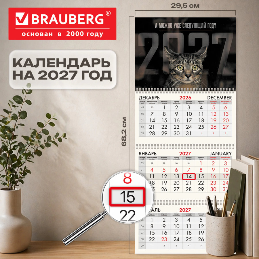 Календарь квартальный на 2027 г., 3 блока, 3 гребня, бегунок, мелованная бумага, BRAUBERG FUN, "Sad cat"