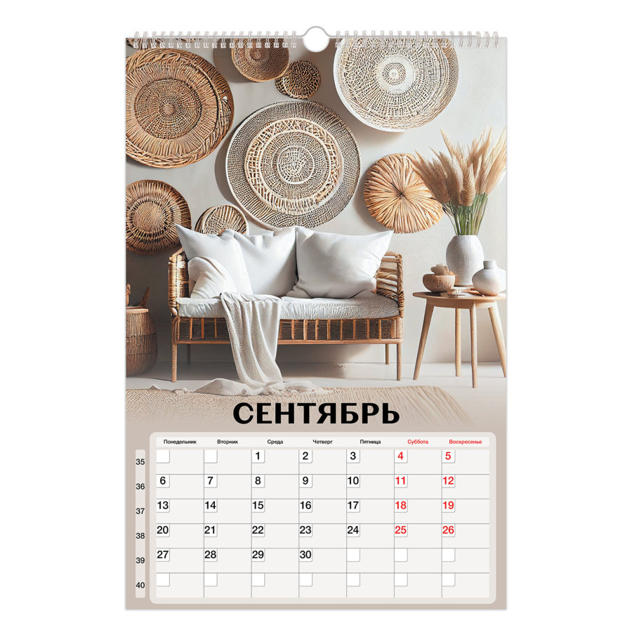 Календарь на гребне с ригелем 2027 г., 30х45 см, BRAUBERG, "Бохо"