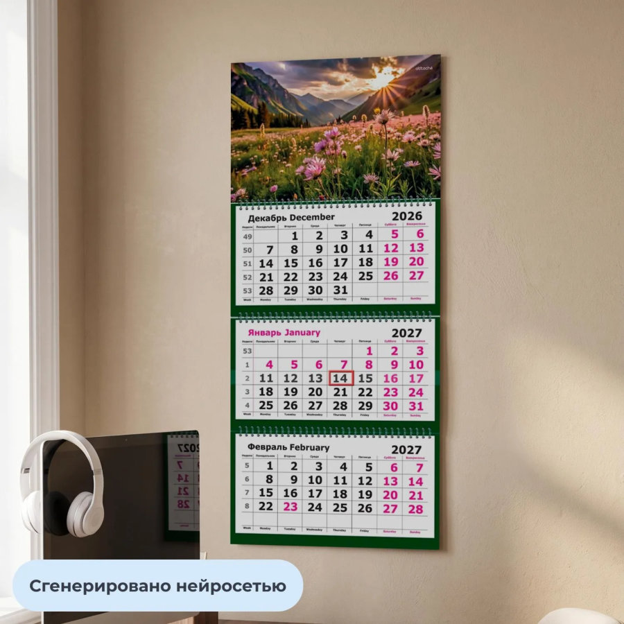 Календарь настенный 3-х блочный 2027 Attache Лето в горах 305х675мм