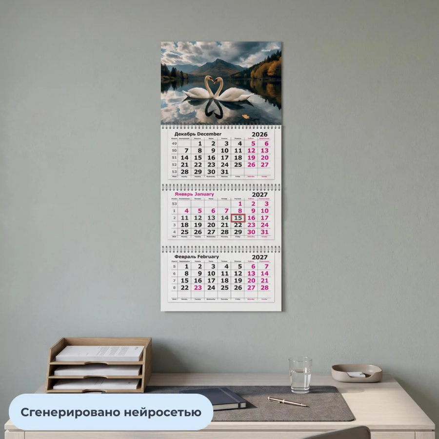 Календарь настенный 3-х блочный 2027 Attache Премиум Лебеди 330х705мм