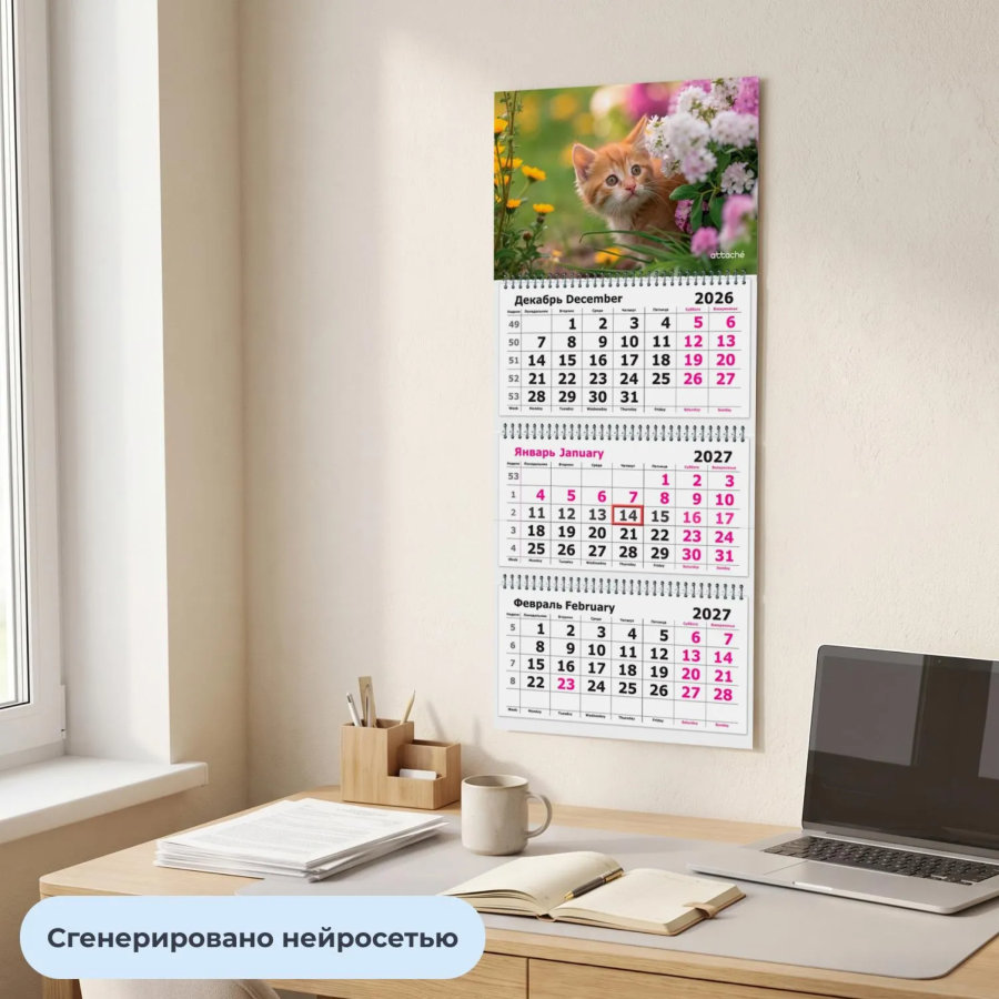 Календарь настенный 3-х блочный 2027 Attache котенок 305х675мм