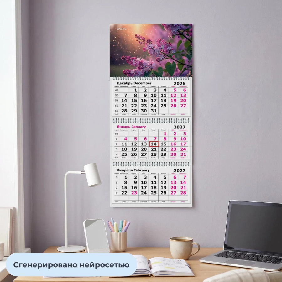 Календарь настенный 3-х блочный 2027 Attache сирень 305х675мм