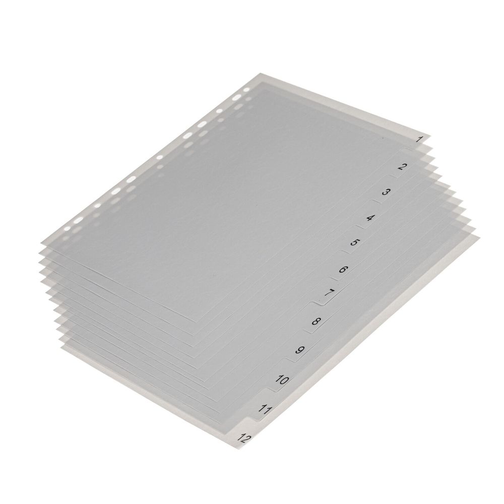 Разделитель пластиковый BRAUBERG, А4, 12 листов, цифровой 1-12, оглавление, серый, РОССИЯ