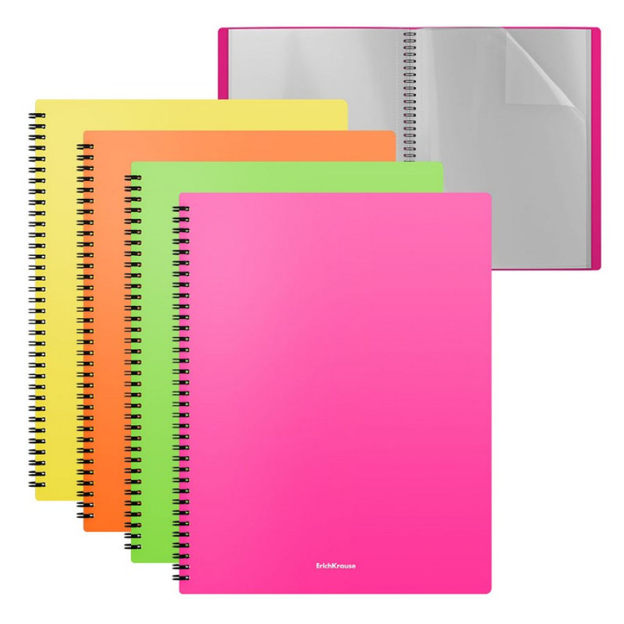Папка файловая пластиковая на спирали ErichKrause Matt Neon, с 20 прозрачными карманами, A4, ассорти 