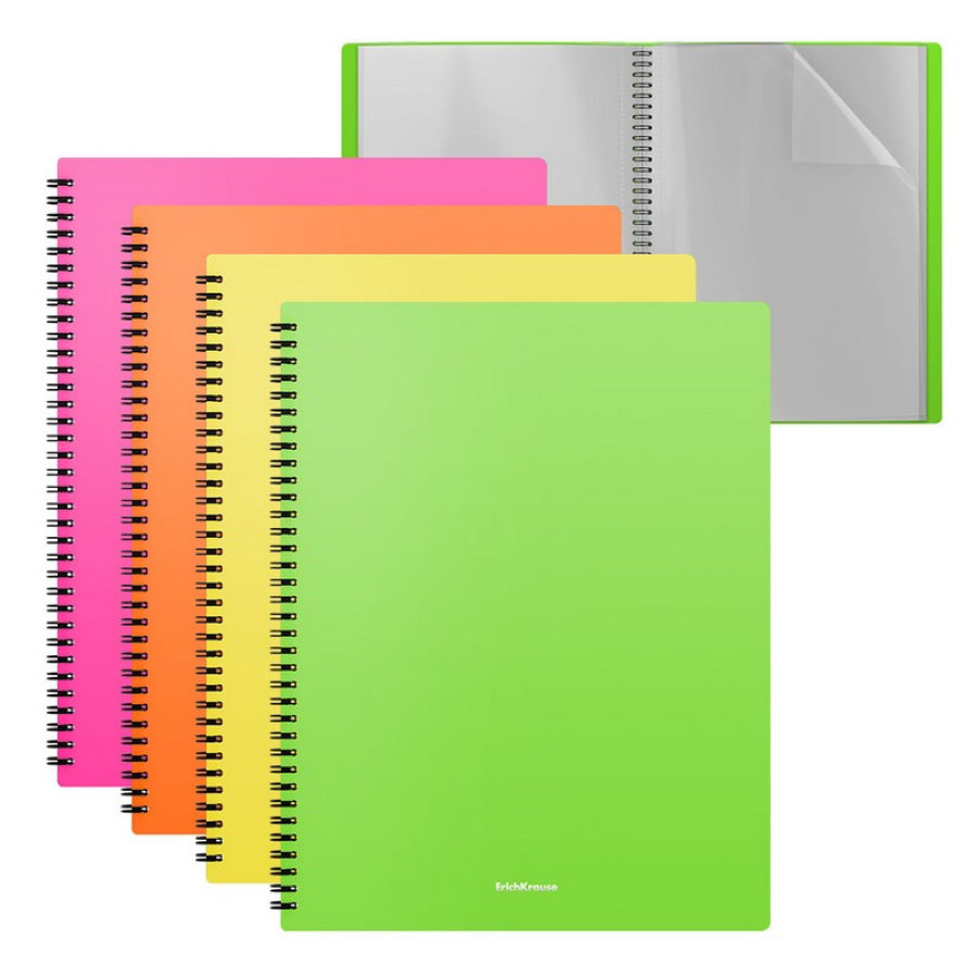 Папка файловая пластиковая на спирали ErichKrause Matt Neon, с 40 прозрачными карманами, A4, ассорти 