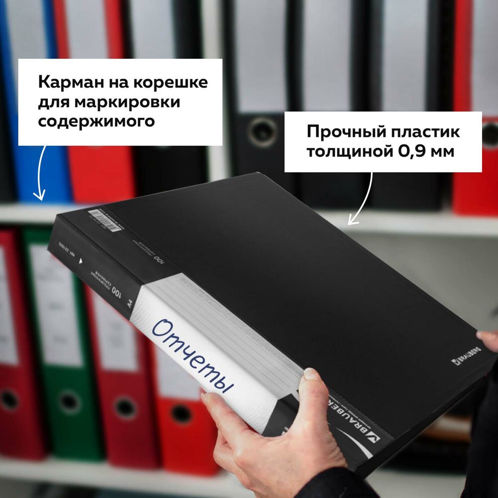 Папка 100 вкладышей BRAUBERG стандарт, черная, 0,9 мм