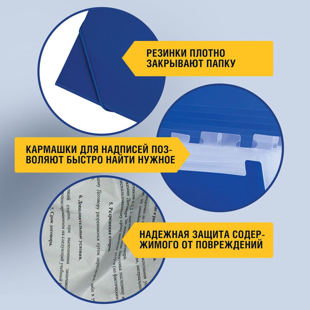 Папка на резинках BRAUBERG "Business", А4, 13 отделений, пластиковый индекс, синяя, 0,5 мм