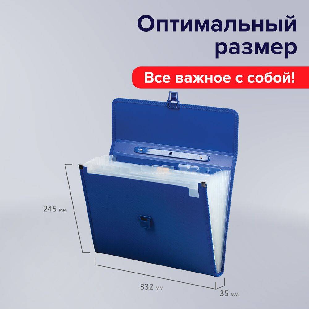 Папка-портфель пластиковая BRAUBERG А4 (332х245х35 мм), 13 отделений, синяя