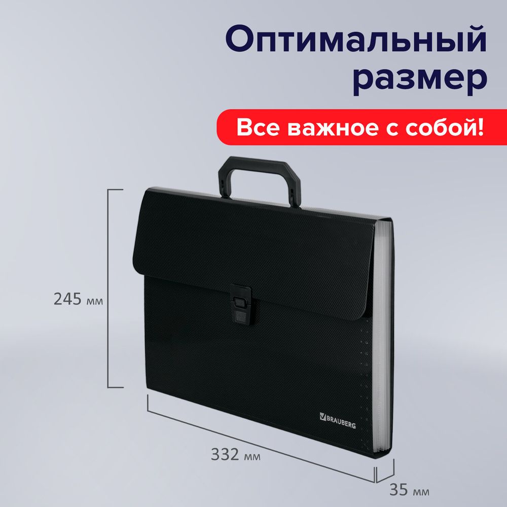Папка-портфель пластиковая BRAUBERG А4 (332х245х35 мм), 13 отделений, фактура диагональ, черная