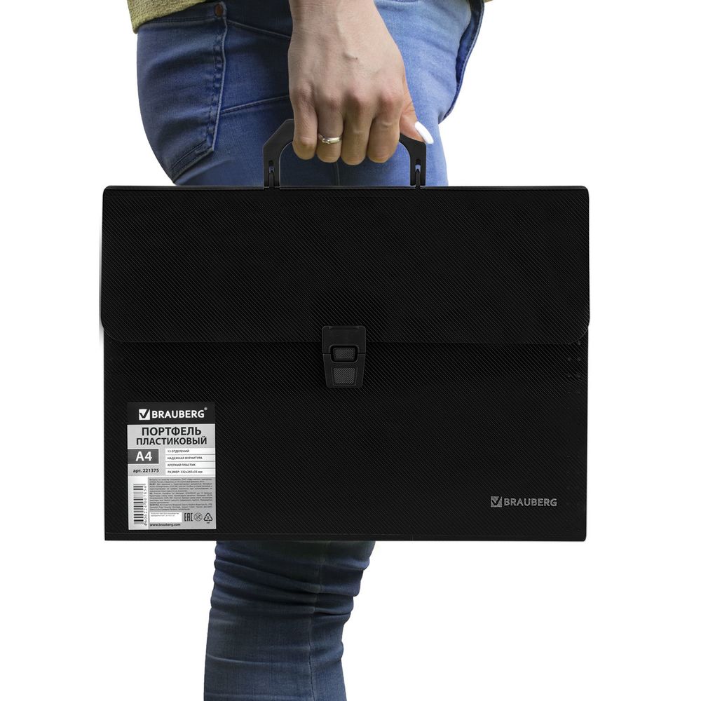 Папка-портфель пластиковая BRAUBERG А4 (332х245х35 мм), 13 отделений, фактура диагональ, черная