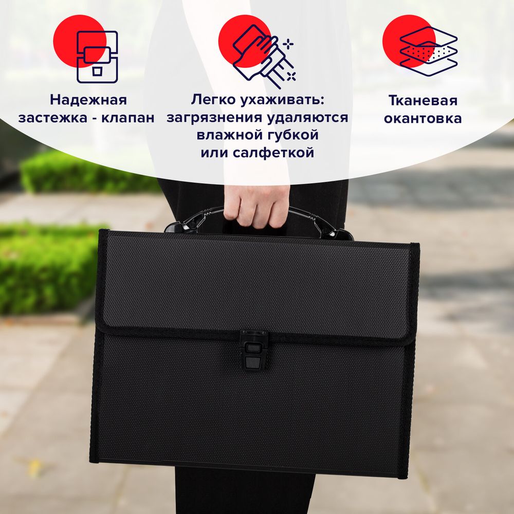 Папка-портфель пластиковая BRAUBERG А4 (332х245х35 мм), 13 отделений, черная