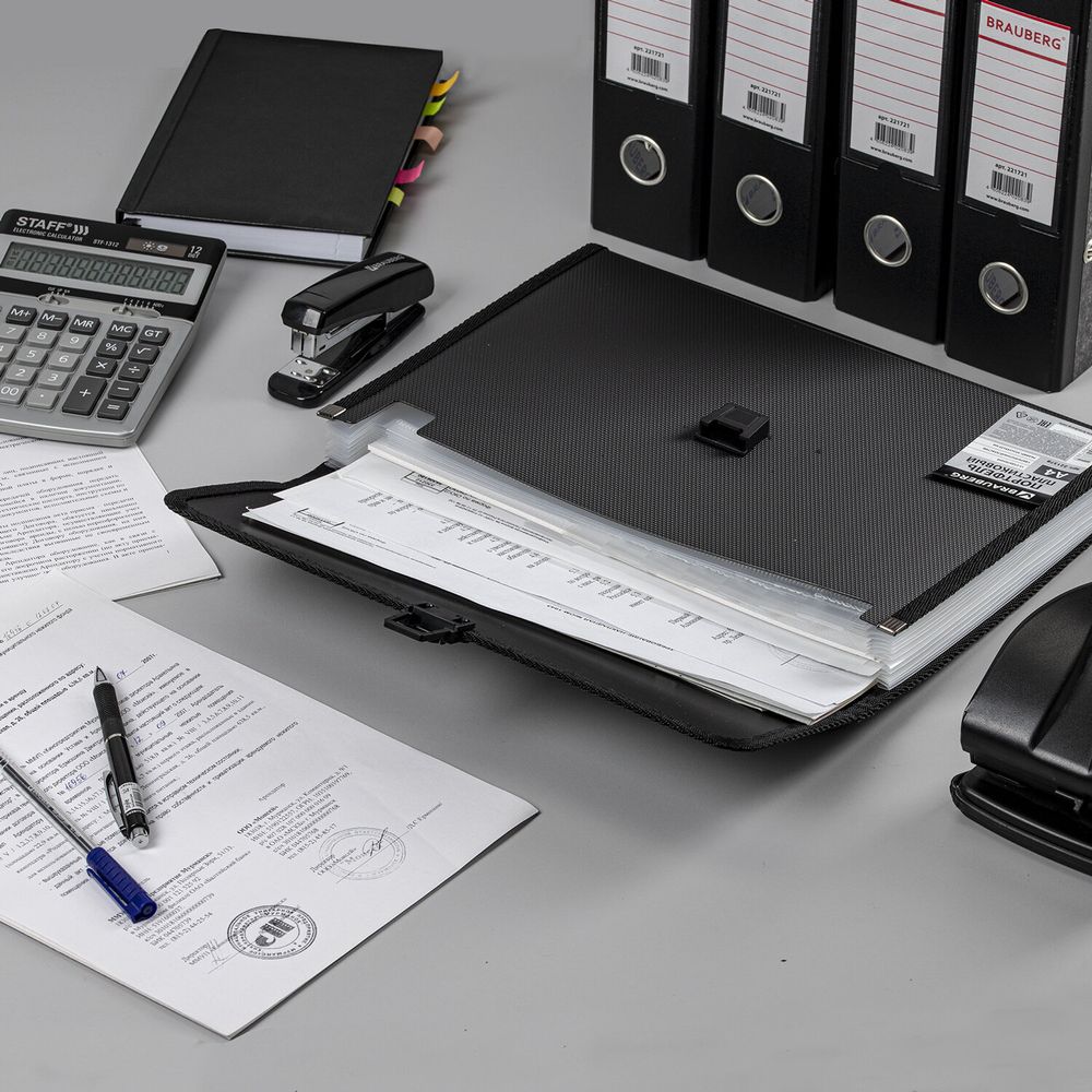 Папка-портфель пластиковая BRAUBERG А4 (332х245х35 мм), 13 отделений, черная