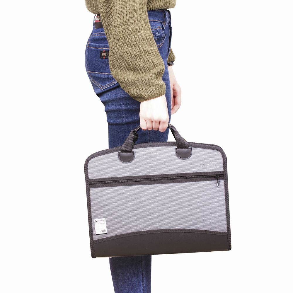 Папка-портфель пластиковая BRAUBERG А4+ (375х305х60 мм), 4 отделения, 2 кармана, серая