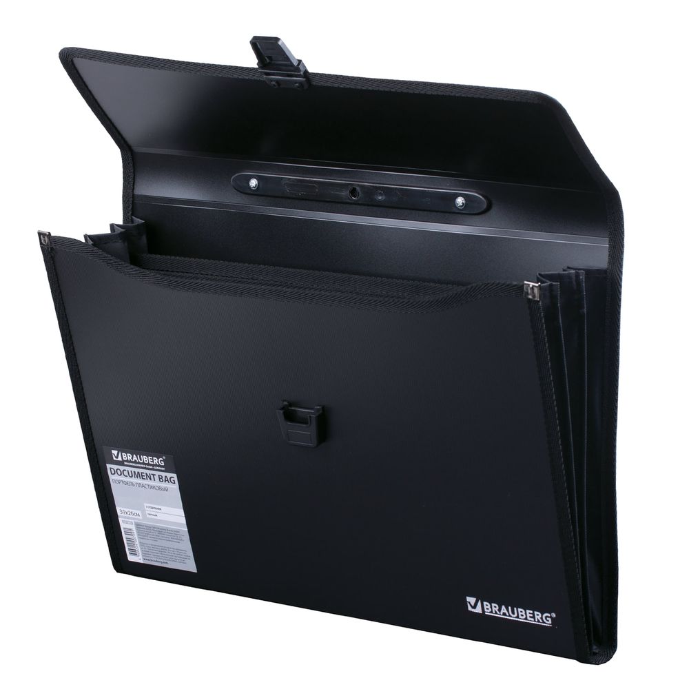 Папка-портфель пластиковая BRAUBERG А4+ (390х260х40 мм), 3 отделения, фактура линейная, черная