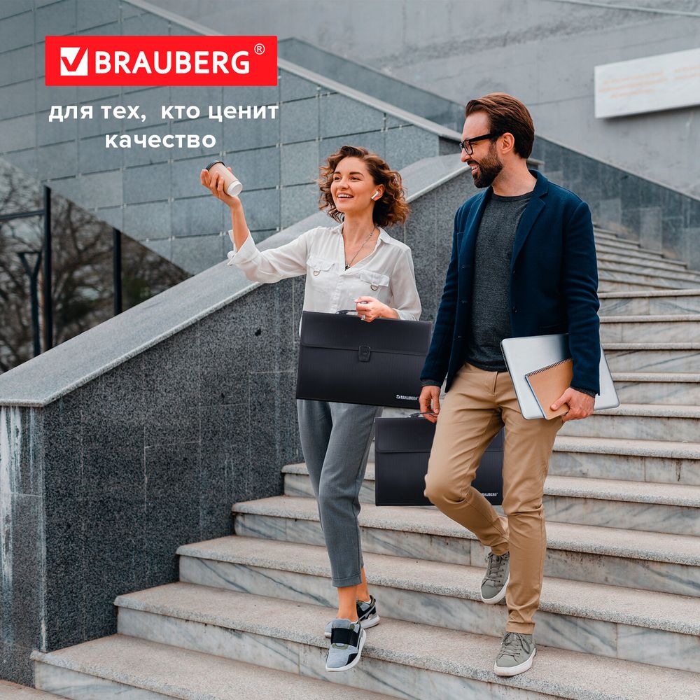 Папка-портфель пластиковая BRAUBERG А4+ (390х260х40 мм), 3 отделения, фактура линейная, черная
