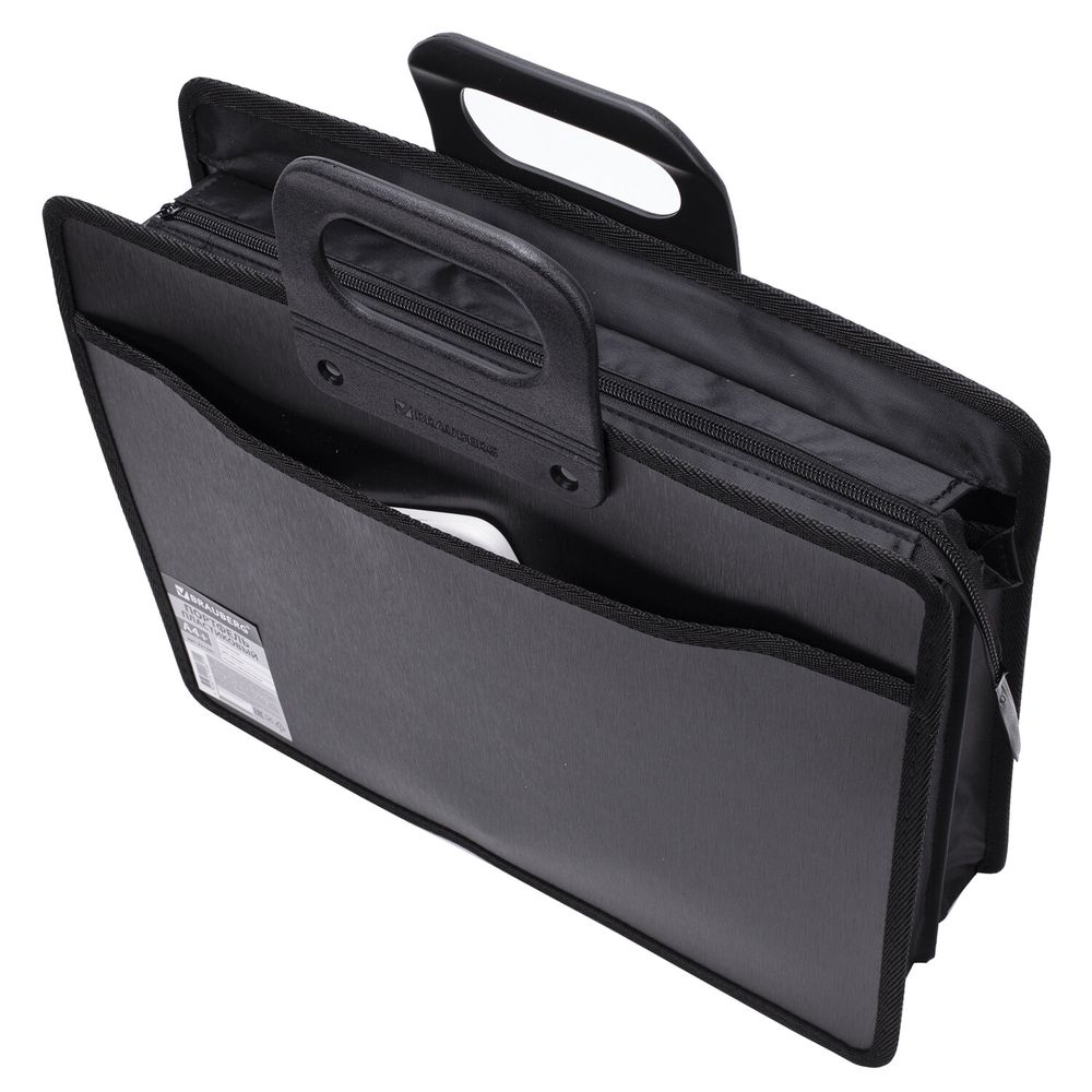 Папка-портфель пластиковая BRAUBERG А4+ (390х320х120 мм), 4 отделения, фактура под дерево, черная