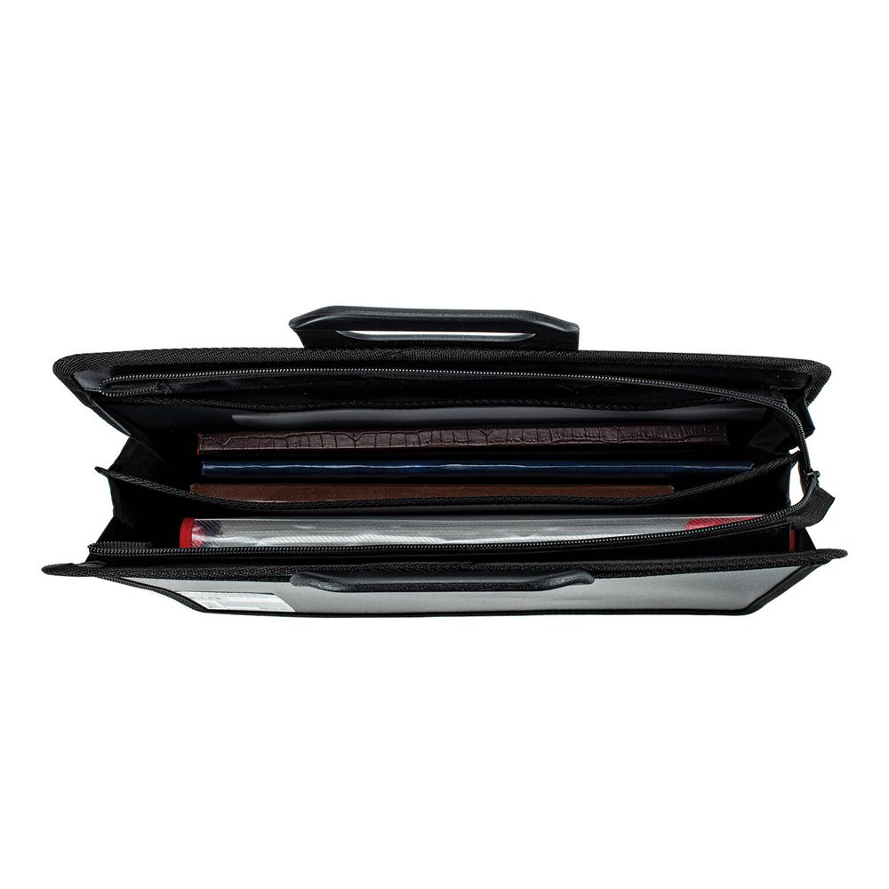 Папка-портфель пластиковая BRAUBERG А4+ (390х320х120 мм), 4 отделения, фактура под дерево, черная