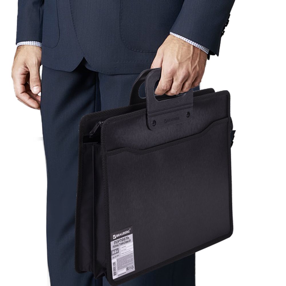 Папка-портфель пластиковая BRAUBERG А4+ (390х320х120 мм), 4 отделения, фактура под дерево, черная