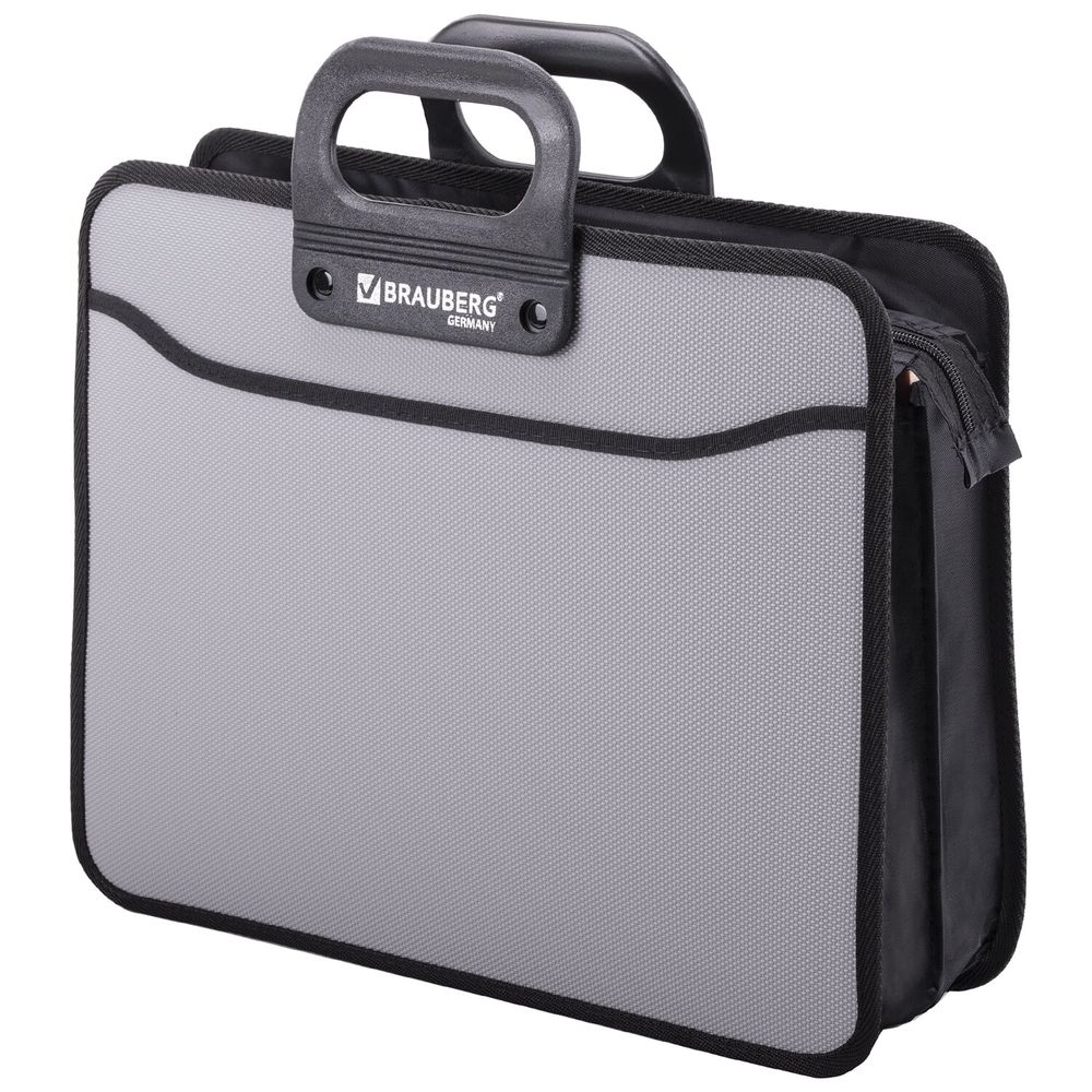 Папка-портфель пластиковая BRAUBERG ПРЕМЬЕР А4 (390х315х120 мм), 3 отделения, фактура "бисер", серая