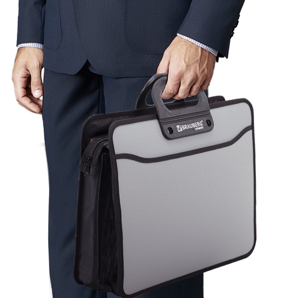 Папка-портфель пластиковая BRAUBERG ПРЕМЬЕР А4 (390х315х120 мм), 3 отделения, фактура "бисер", серая